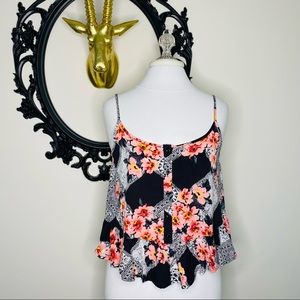 MINKPINK Black, Pink and White Lace and Floral Print Tank Top